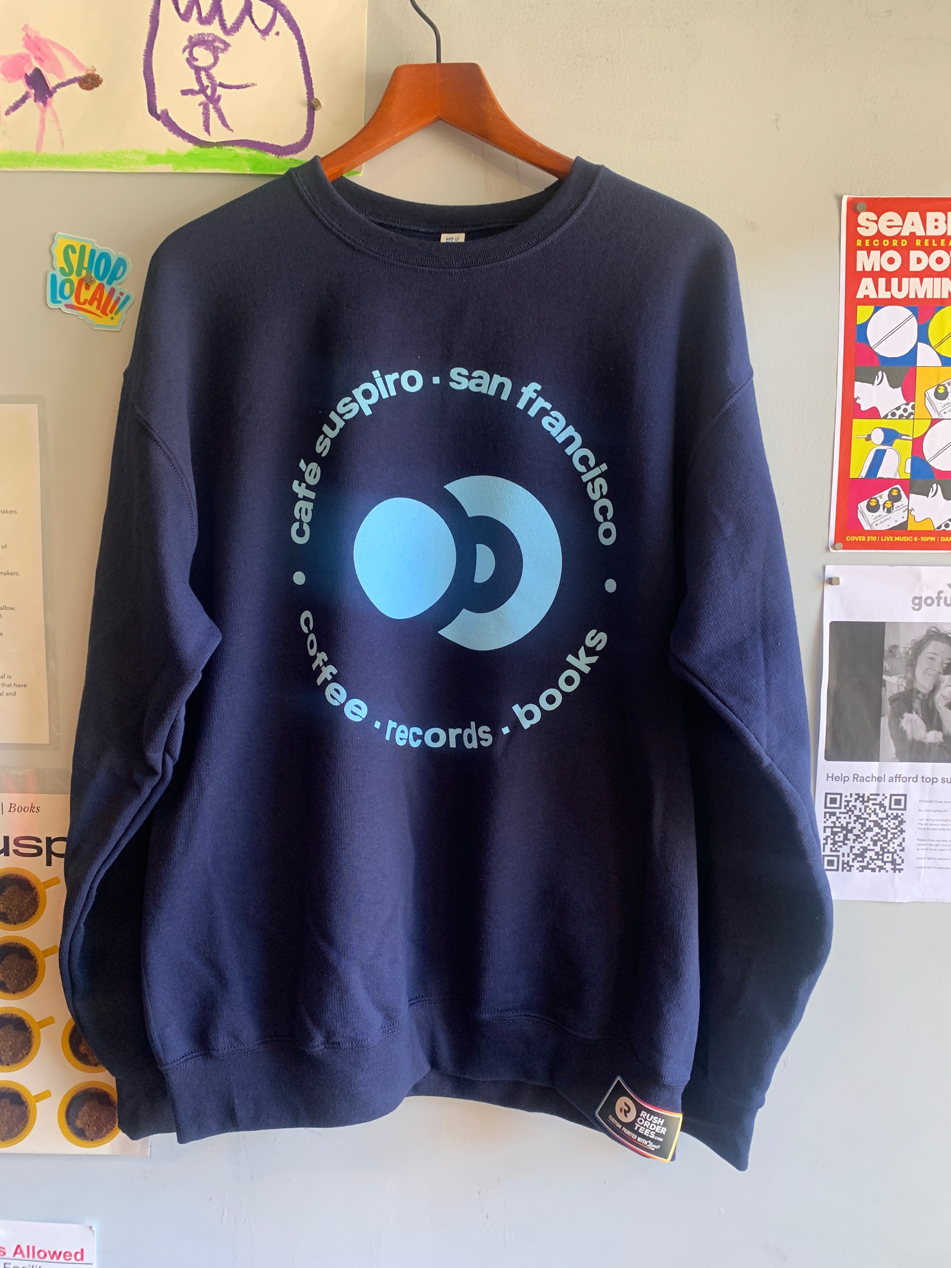 Cafe Suspiro Crewneck Sweatshirt - Navy Blue with Light Blue logo