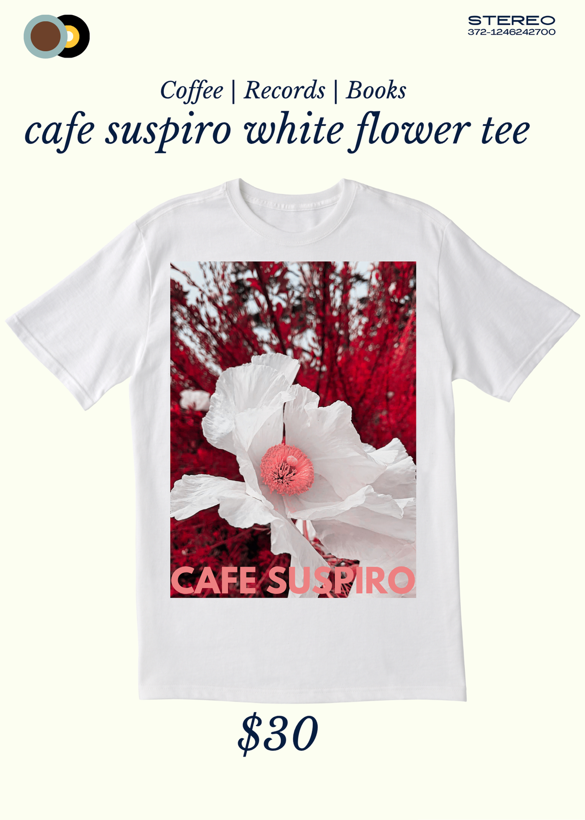 Cafe Suspiro T Shirt - White Flower on Red