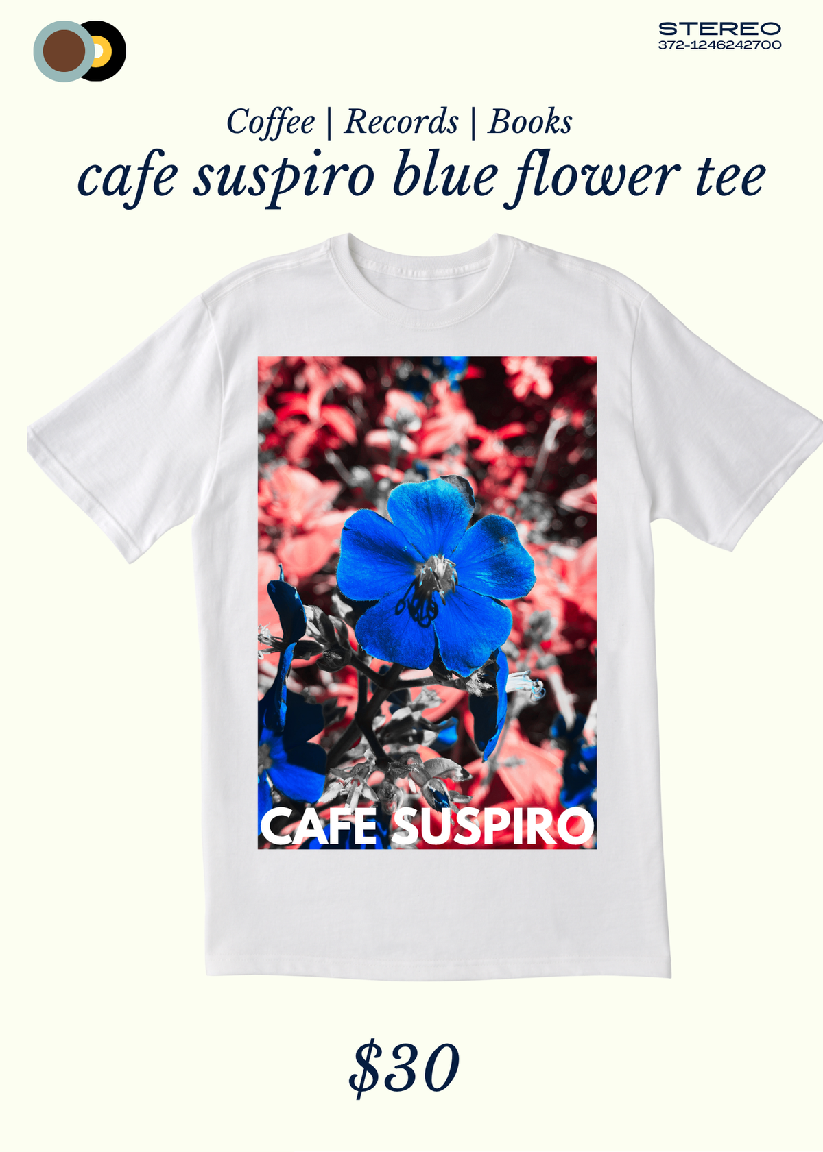 Cafe Suspiro T Shirt - Blue Flower