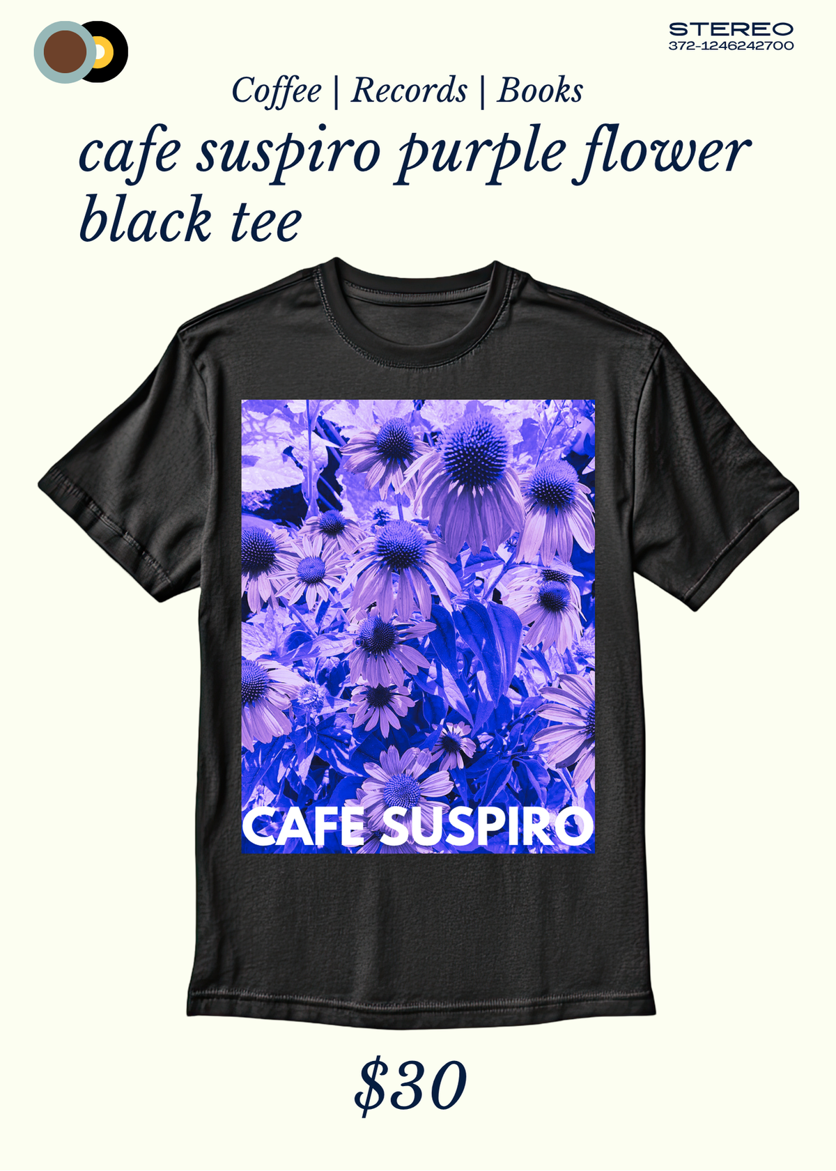Cafe Suspiro T Shirt Purple Flowers on Black Tee