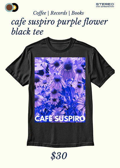 Cafe Suspiro T Shirt Purple Flowers on Black Tee