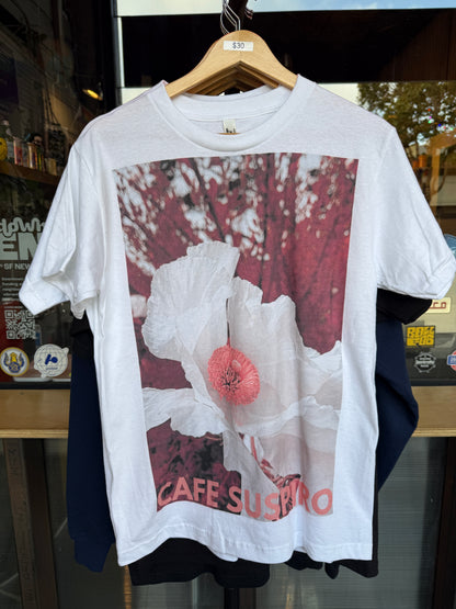 Cafe Suspiro T Shirt - White Flower on Red