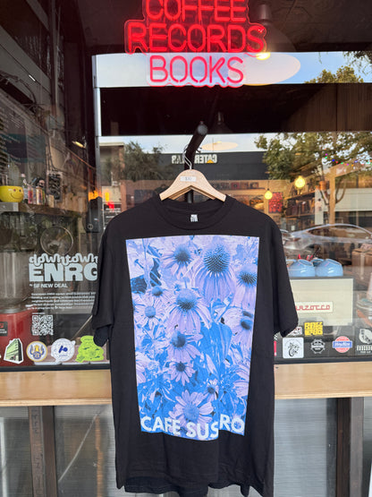 Cafe Suspiro T Shirt Purple Flowers on Black Tee