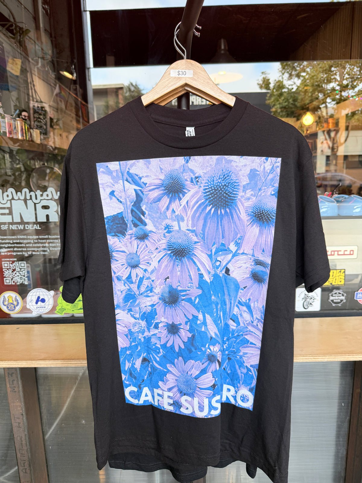 Cafe Suspiro T Shirt Purple Flowers on Black Tee