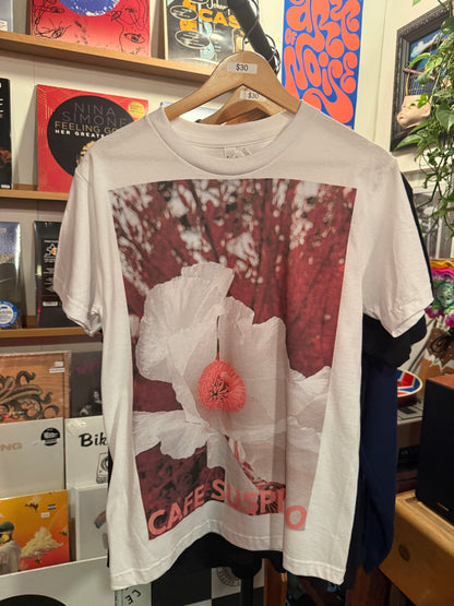 Cafe Suspiro T Shirt - White Flower on Red